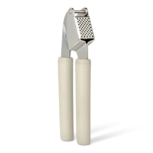 Amazon Basics Garlic Press, Stainless Steel Garlic Mincer & Crusher with Soft-Grip Handle, Dishwasher-Safe, Linen Gray