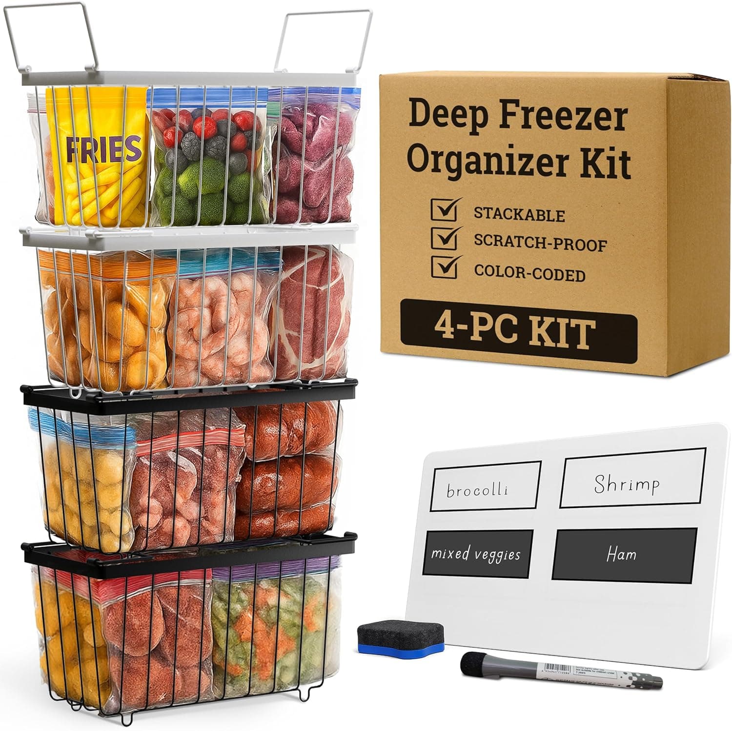 Deep Chest Freezer Organizer Bins 4-Pack Stackable with Dividers