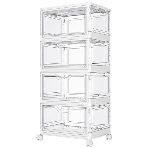 Kmiectse Clear Storage Bins with Lids - 4 Tier 23qt Plastic Stackable Bins | Closet Organizers Box for Bedroom, Living Room, 23 QT Folding Box with Magnetic door