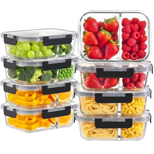 8 Pack 2 Compartment 36oz Borosilicate Glass Meal Prep Containers with Lids