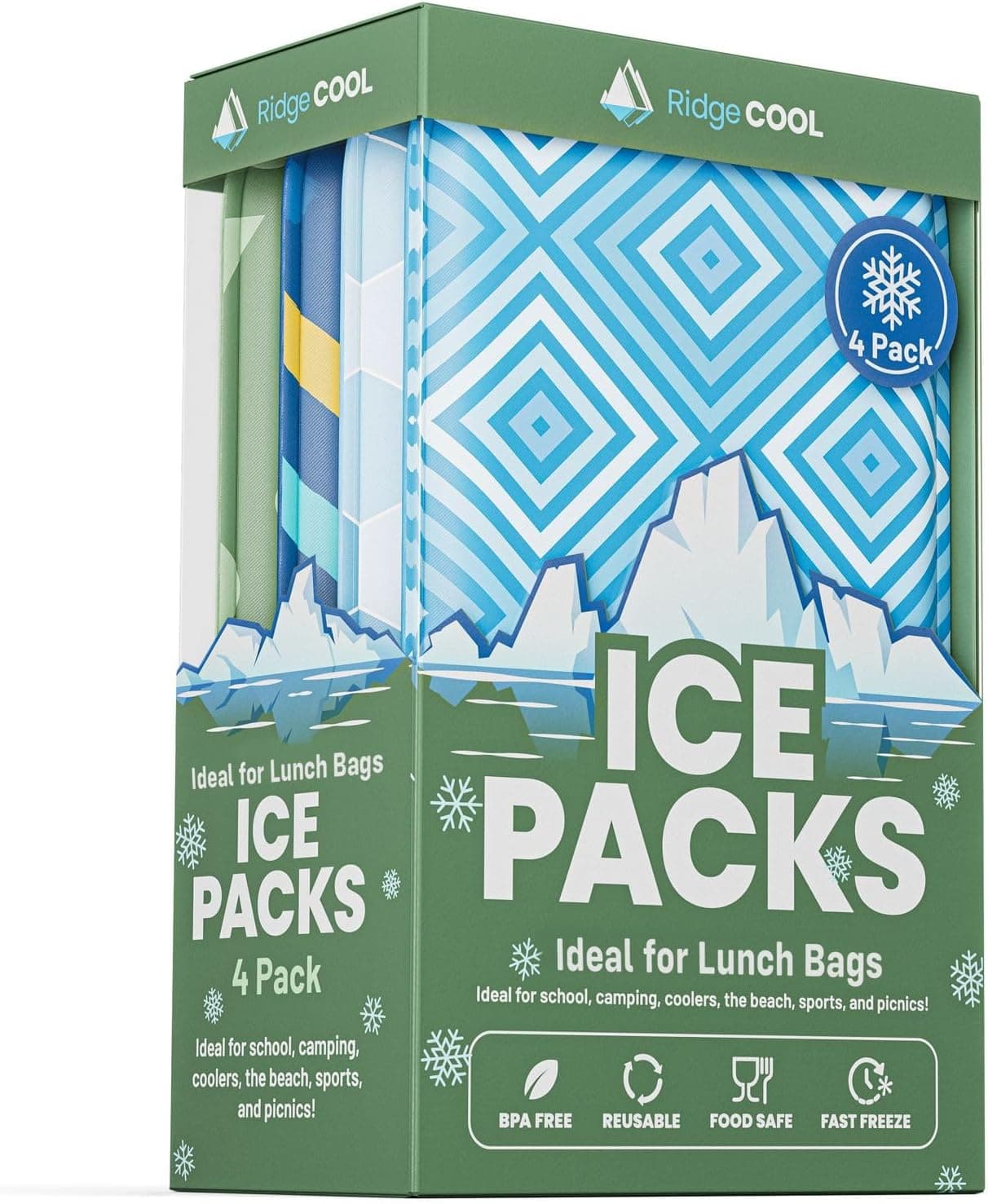 RIDGECOOL Slim Ice Packs for Lunch Boxes - 4 Pack Reusable Gel BPA-Free Food Safe