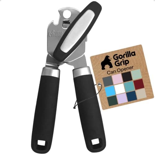 GORILLA GRIP Upgraded Model Stainless Steel Manual Can Opener, Black | US Designed, Oversized Handheld Turn Knob, Comfortable Handle for Easy Turning, Multifunctional Kitchen Tool, Open Bottles