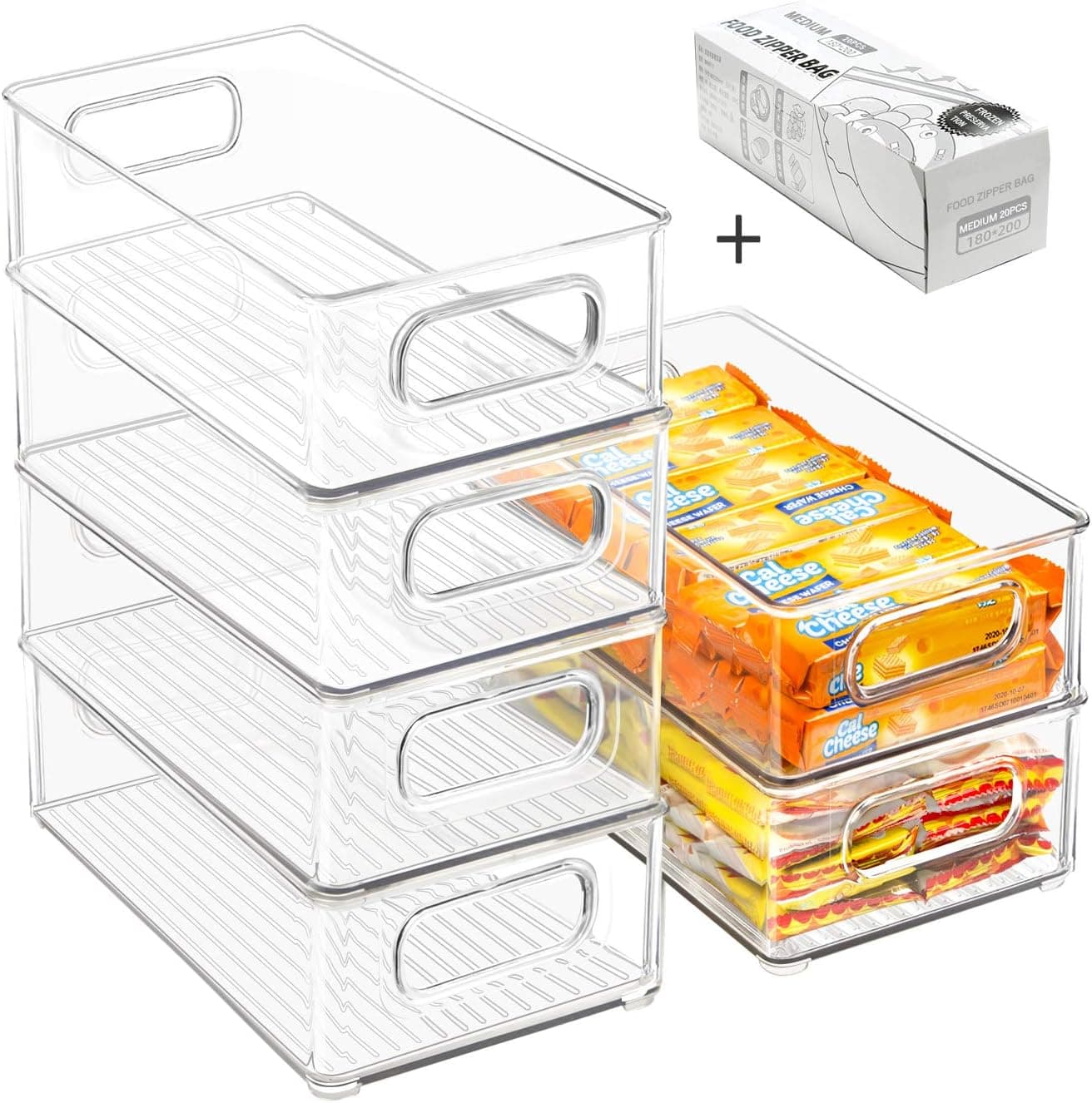 Stackable Refrigerator Organizer Bins 6 Pack with Handles + Bags