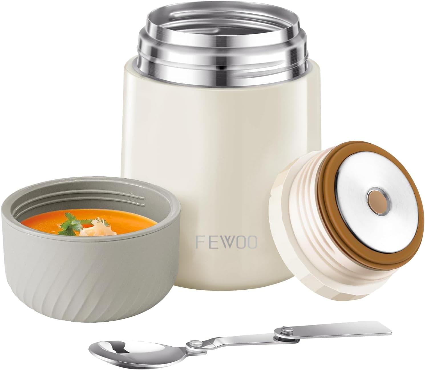 FEWOO Food Jar 20oz Vacuum Insulated Soup Container - Stainless Steel with Folding Spoon, White